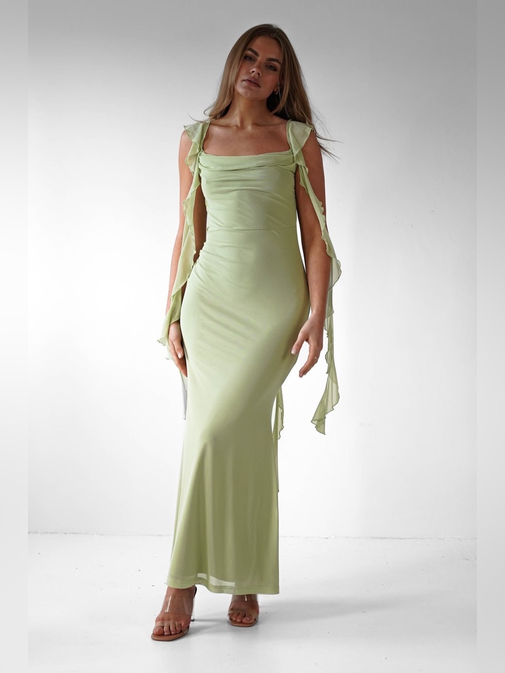 Miranda Ruffle Midaxi Dress in Pistachio